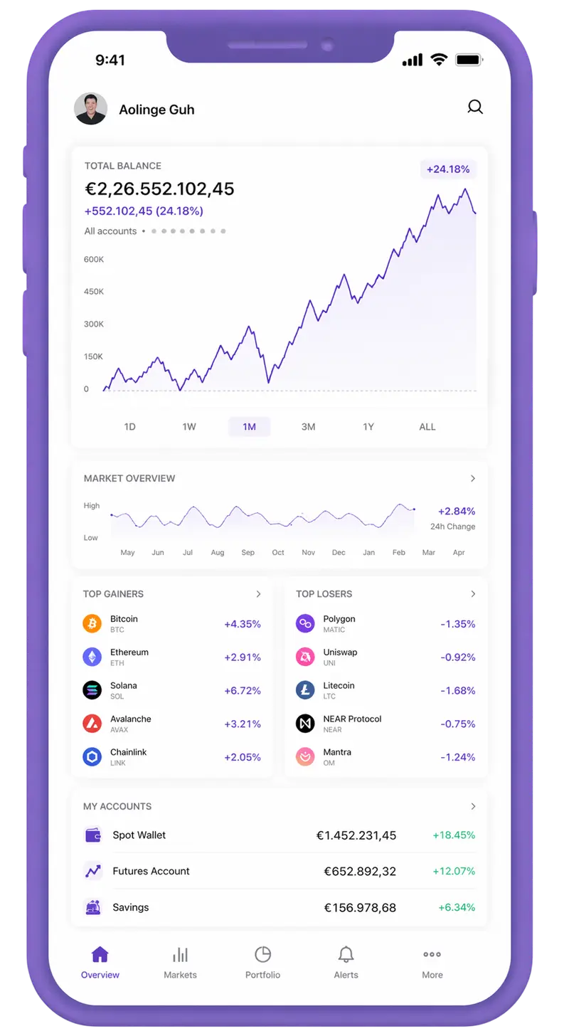 Kalyndraxa mobile app showing portfolio overview